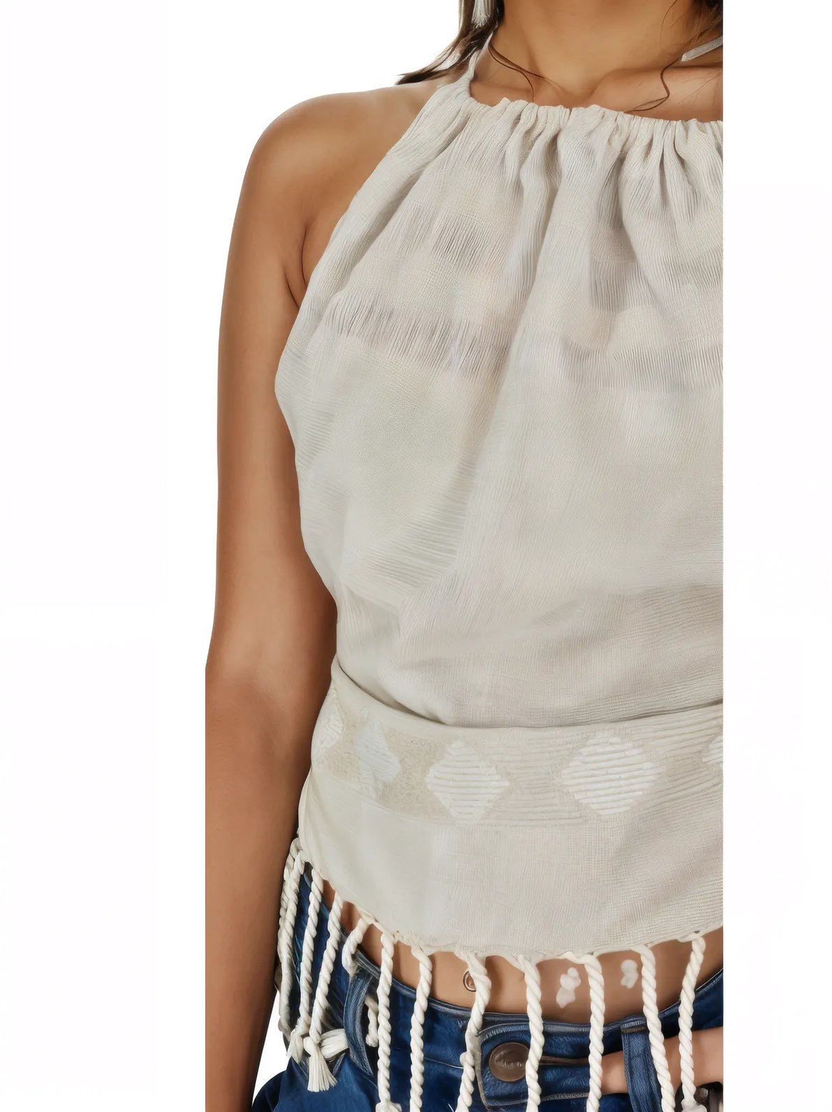 100% Cotton Backstrap Loom Backless Halter Top – Handwoven with Raw Natural Thread | Sustainable Fashion Raw Off - White - Tenku Designs