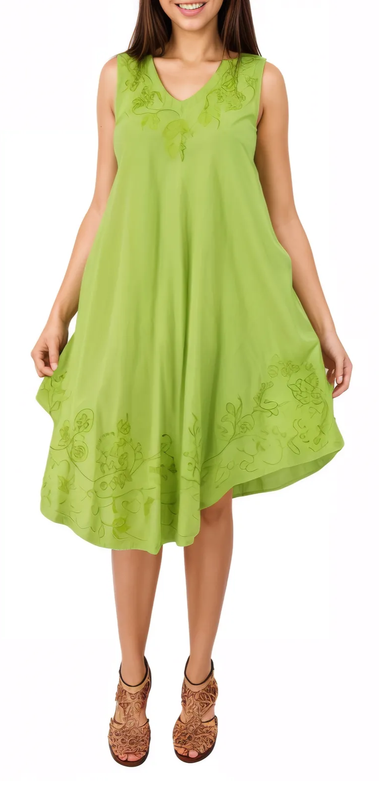 Antiqued Lime Green Boho Short Sleeve Flowy Dress – Loose Fit Tenku Designs