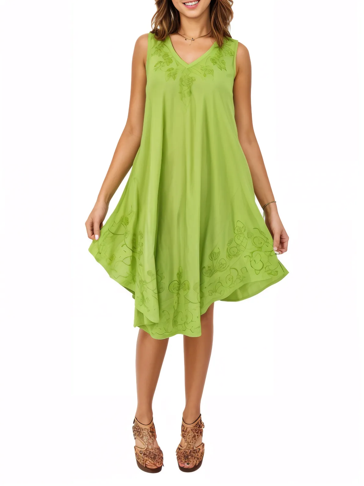 Antiqued Lime Green Boho Short Sleeve Flowy Dress – Loose Fit Tenku Designs