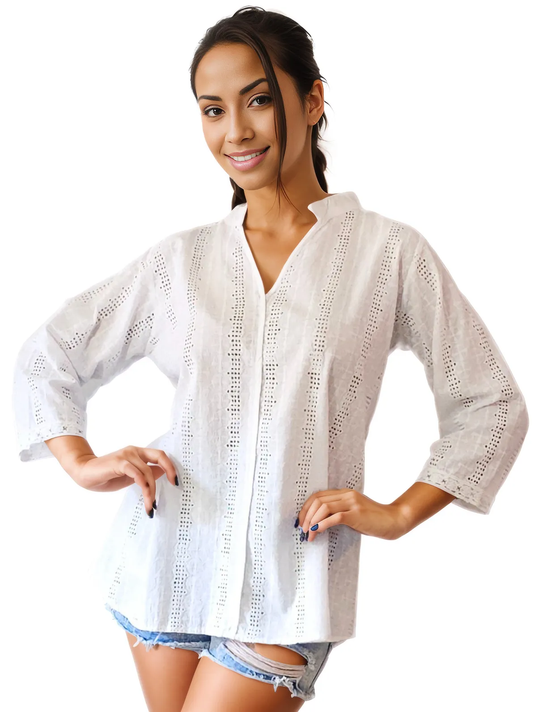 3/4 Sleeve 100% Cotton White Blouse