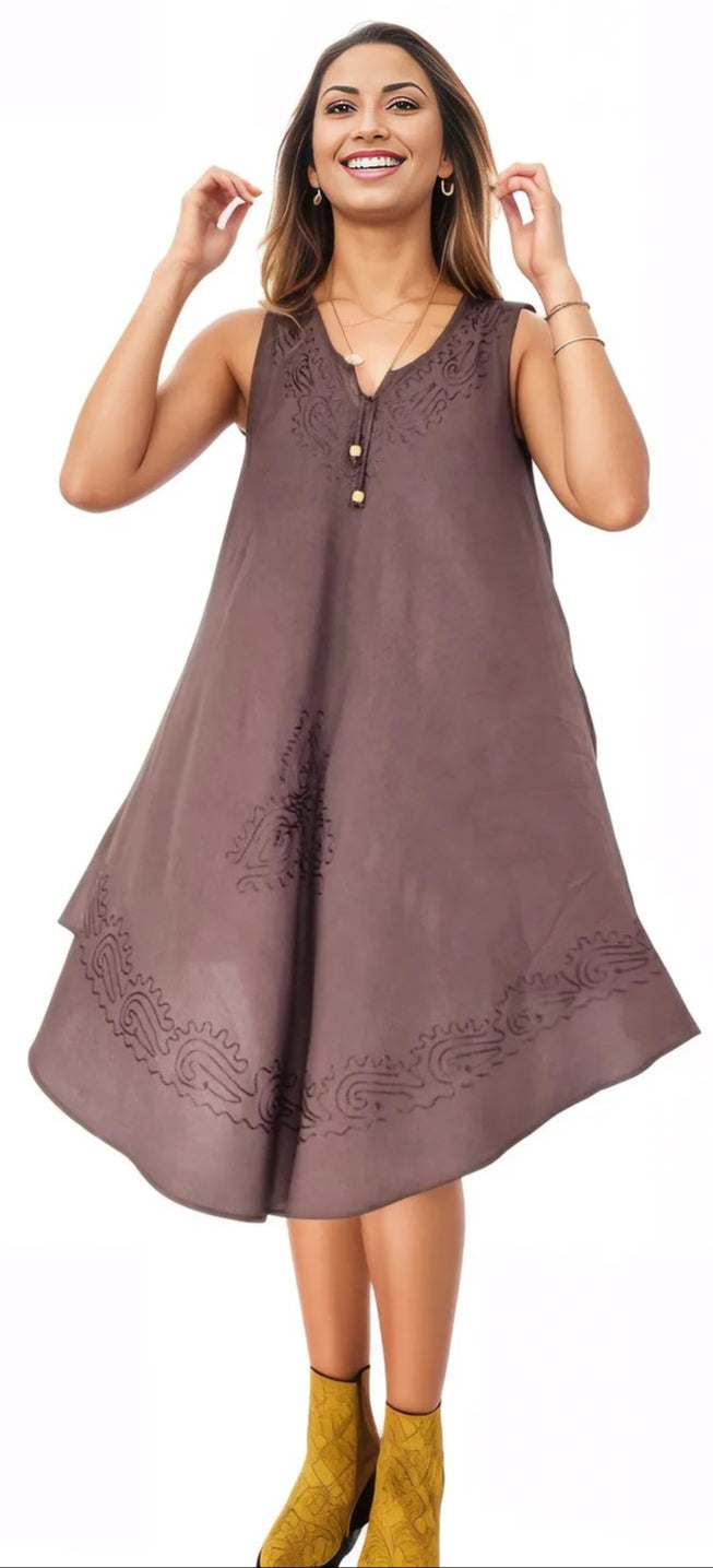 Antiqued Brown Boho Flowy Dress – Loose Fit Tenku Designs - Tenku Designs