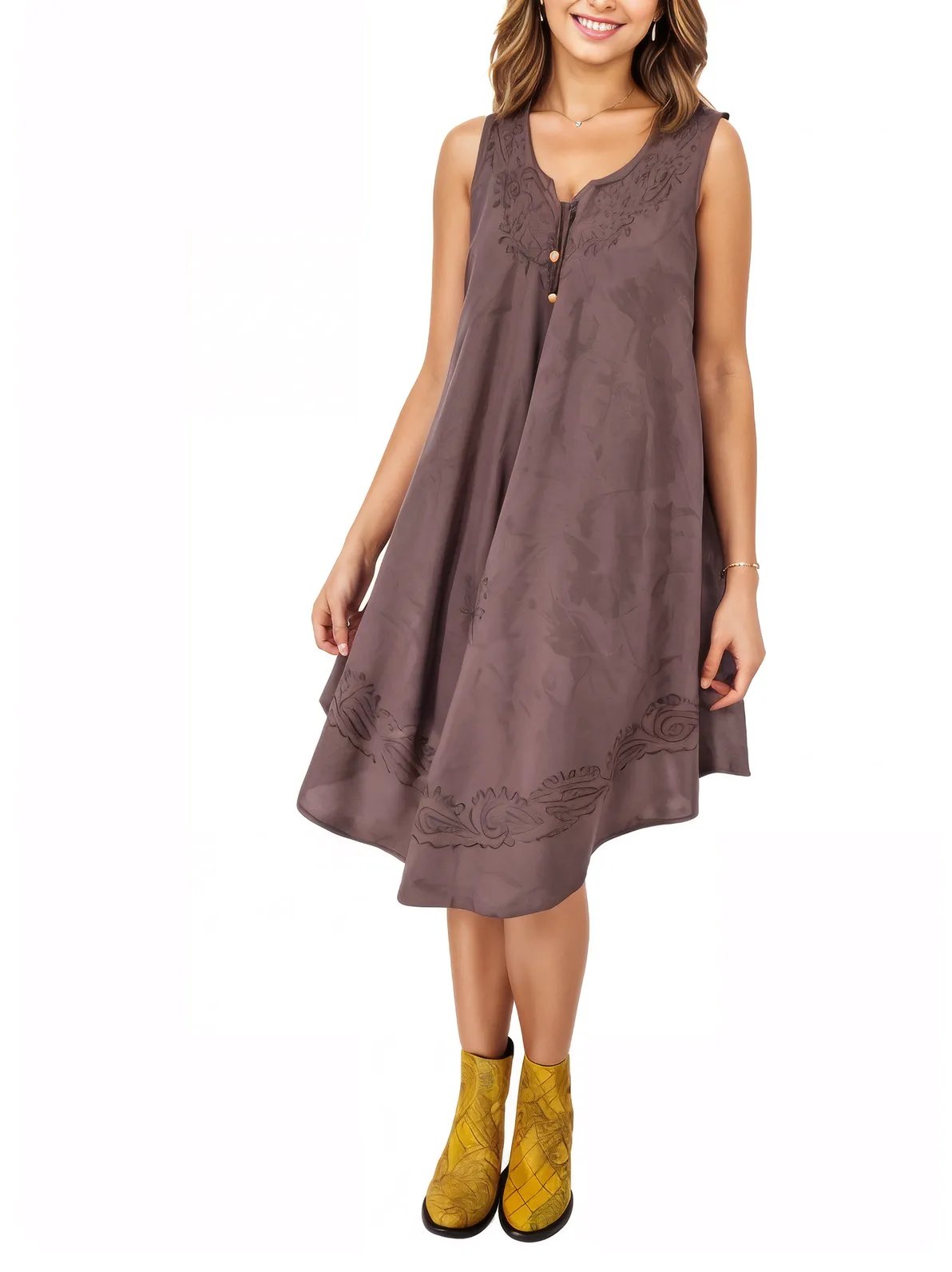 Antiqued Brown Boho Flowy Dress – Loose Fit Tenku Designs - Tenku Designs