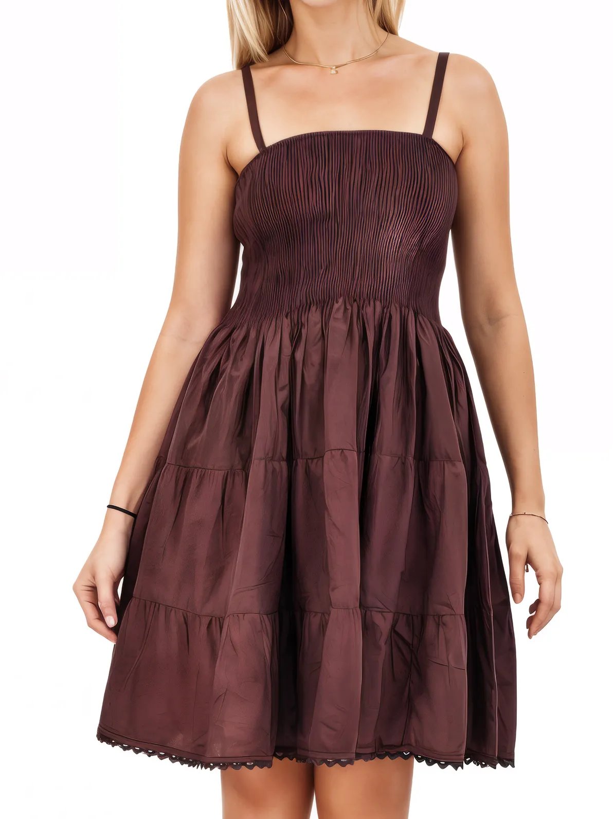 Antiqued Brown Cotton Spaghetti Strap Dress – Smocked Fit | Tenku Designs - Tenku Designs