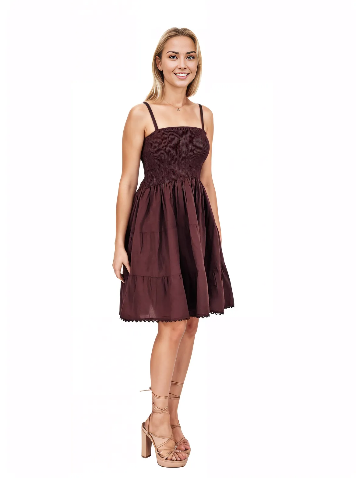 Antiqued Brown Cotton Spaghetti Strap Dress – Smocked Fit | Tenku Designs - Tenku Designs