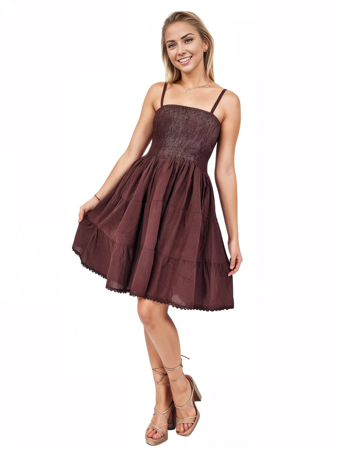 Antiqued Brown Cotton Spaghetti Strap Dress – Smocked Fit | Tenku Designs - Tenku Designs