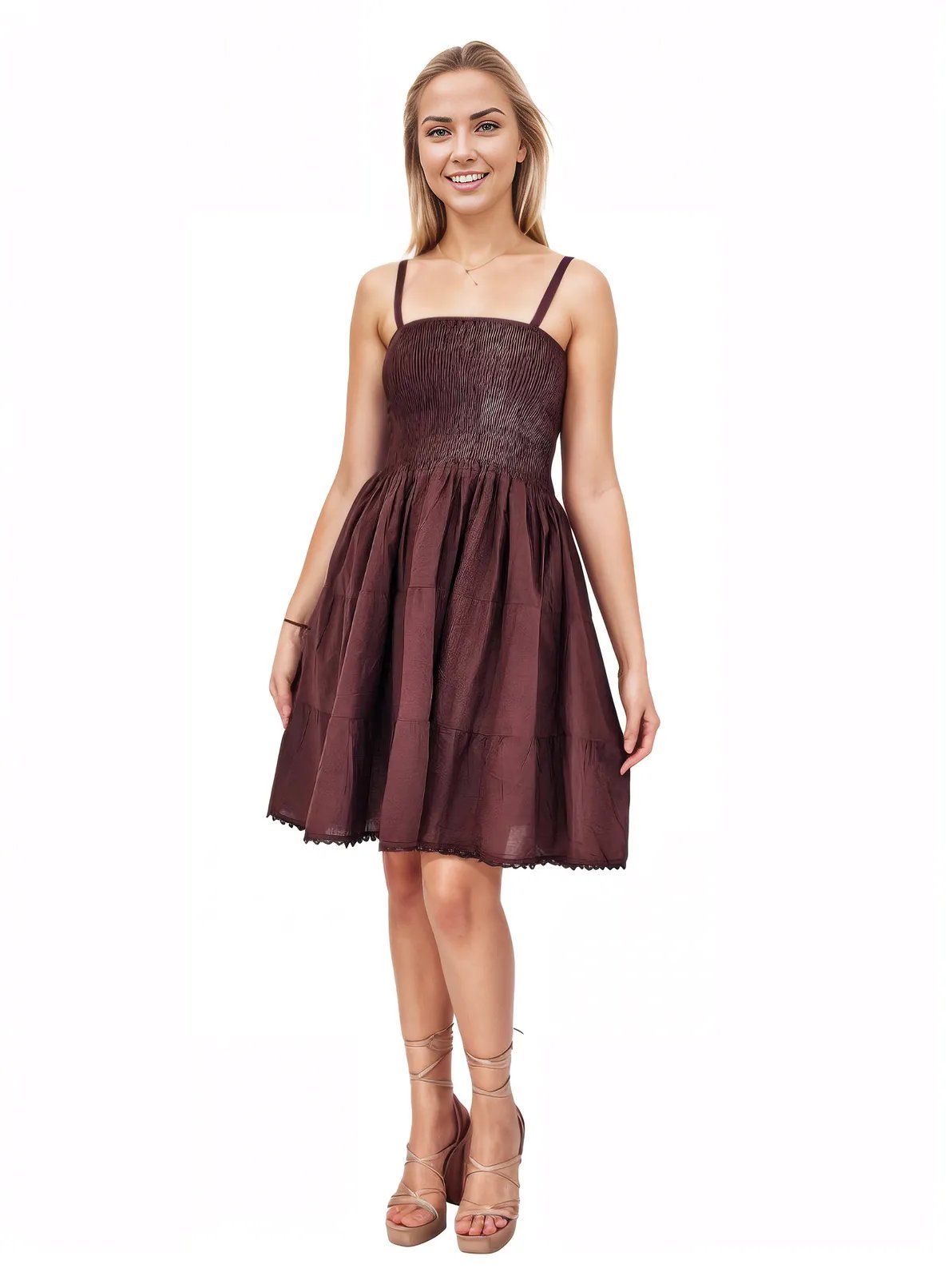 Antiqued Brown Cotton Spaghetti Strap Dress – Smocked Fit | Tenku Designs - Tenku Designs