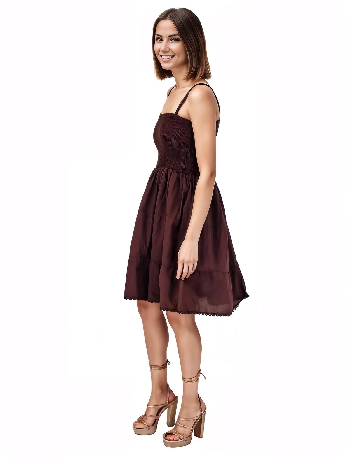 Antiqued Brown Cotton Spaghetti Strap Dress – Smocked Fit | Tenku Designs - Tenku Designs