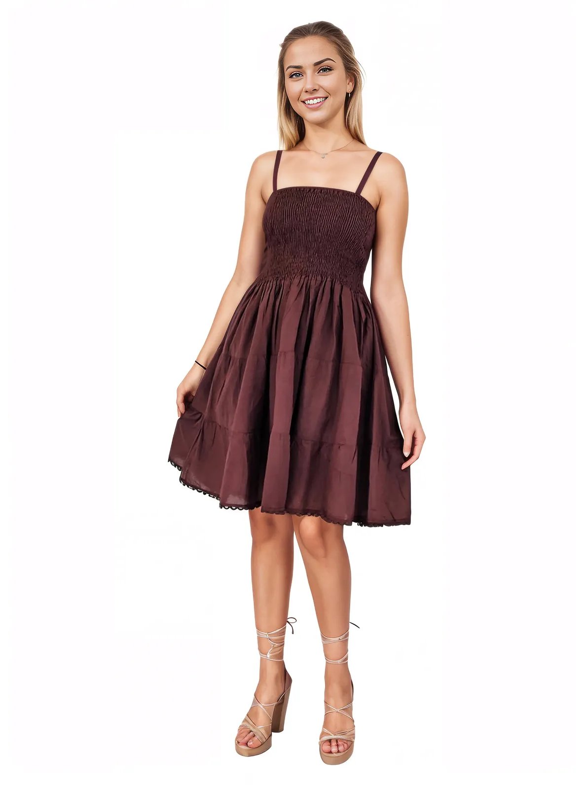 Antiqued Brown Cotton Spaghetti Strap Dress – Smocked Fit | Tenku Designs - Tenku Designs