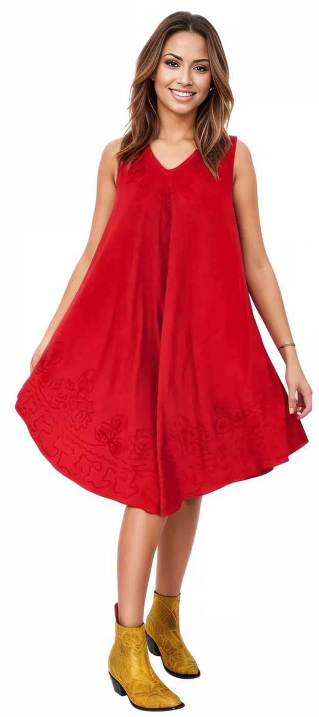 Antiqued Red Boho Short Sleeve Flowy Dress – Loose Fit Tenku Designs - Tenku Designs