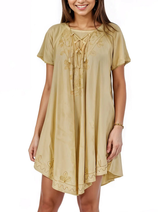 Antiqued Yellow Boho Short Sleeve Flowy Dress – Loose Fit| Tenku Designs - Tenku Designs