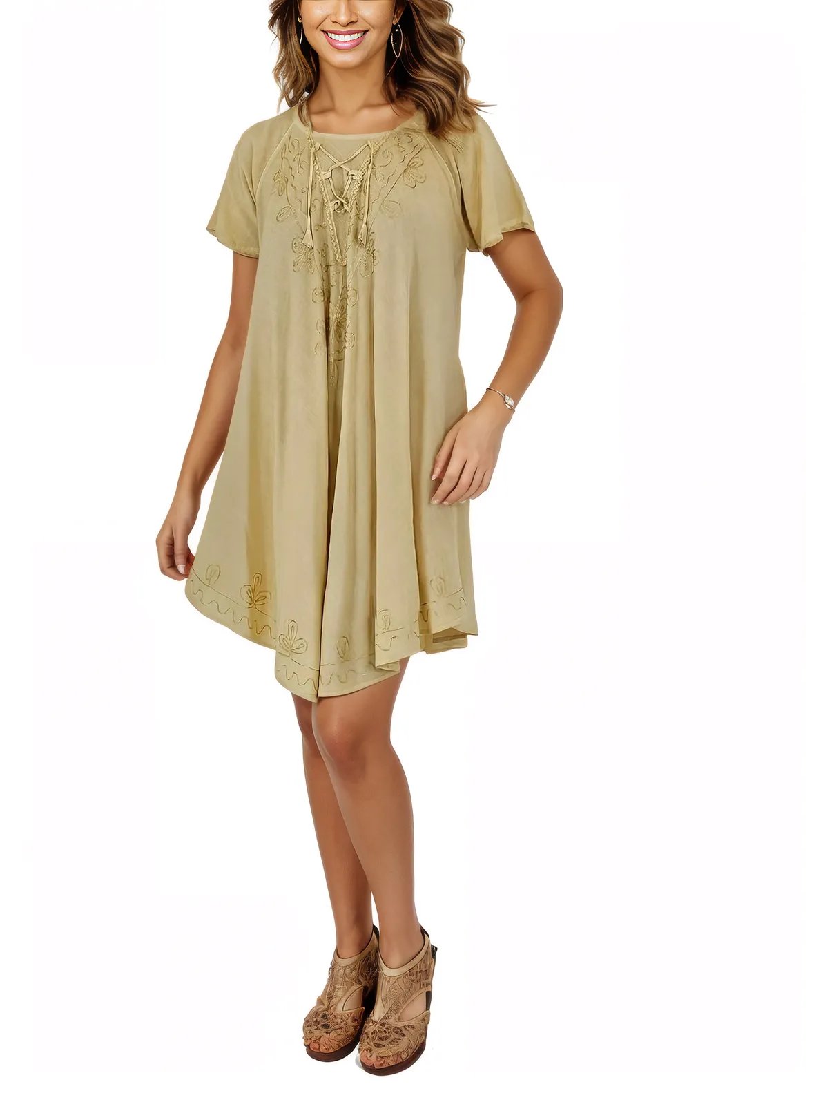 Antiqued Yellow Boho Short Sleeve Flowy Dress – Loose Fit| Tenku Designs - Tenku Designs