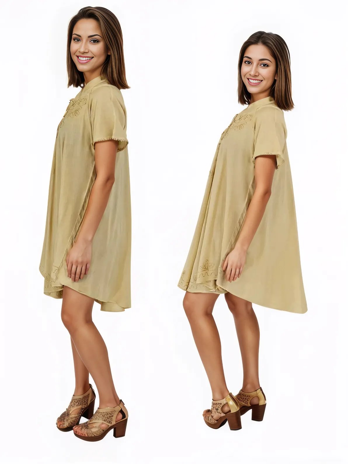 Antiqued Yellow Boho Short Sleeve Flowy Dress – Loose Fit| Tenku Designs - Tenku Designs