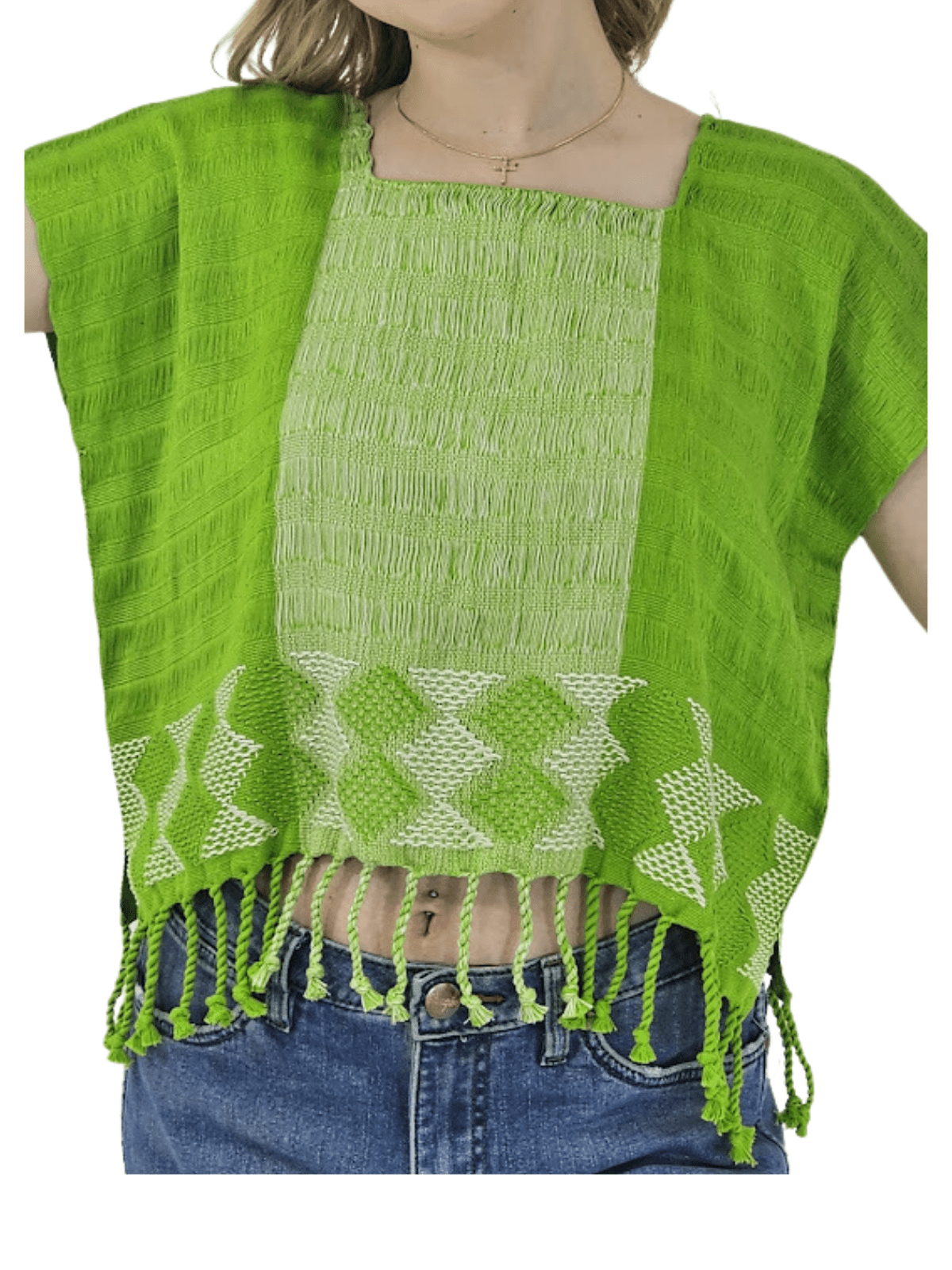Authentic Handwoven Backstrap Loom Top with Brocade β Artisan - Made Blouse Lime Green - Tenku Designs