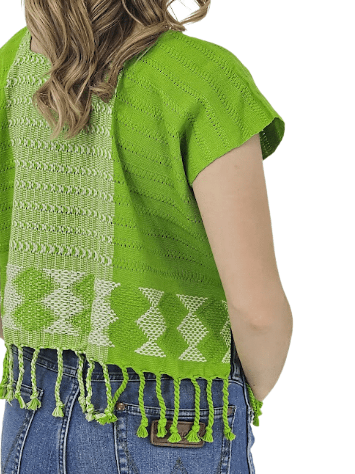 Authentic Handwoven Backstrap Loom Top with Brocade β Artisan - Made Blouse Lime Green - Tenku Designs