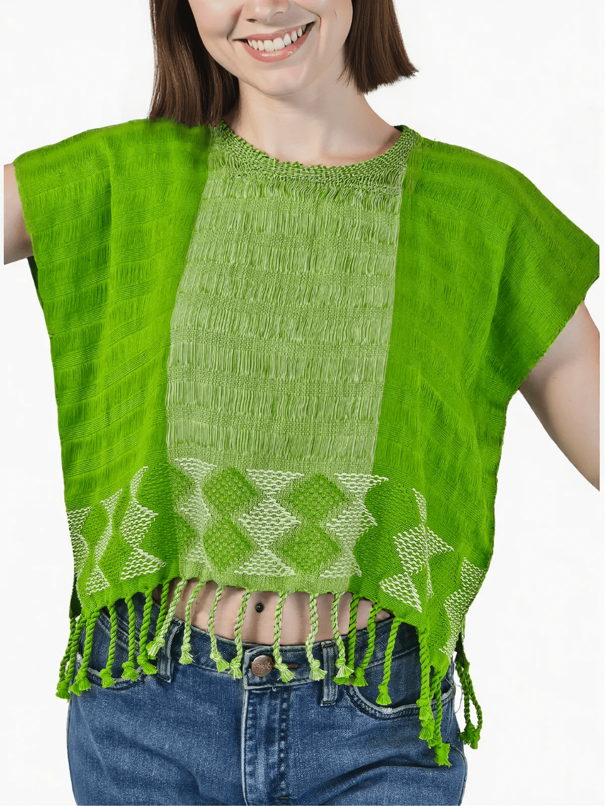 Authentic Handwoven Backstrap Loom Top with Brocade β Artisan - Made Blouse Lime Green - Tenku Designs