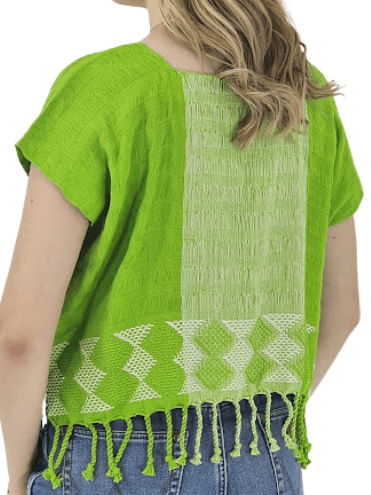 Authentic Handwoven Backstrap Loom Top with Brocade β Artisan - Made Blouse Lime Green - Tenku Designs