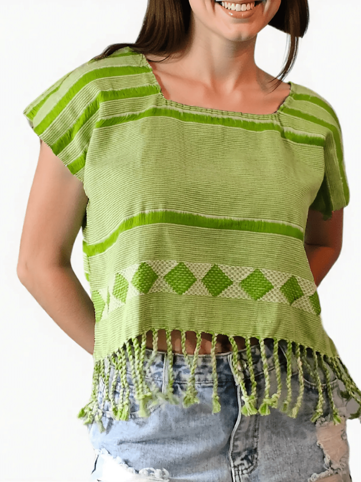 Authentic Handwoven Backstrap Loom Top with Brocade β Artisan - Made Blouse Lime Green Lines - Tenku Designs