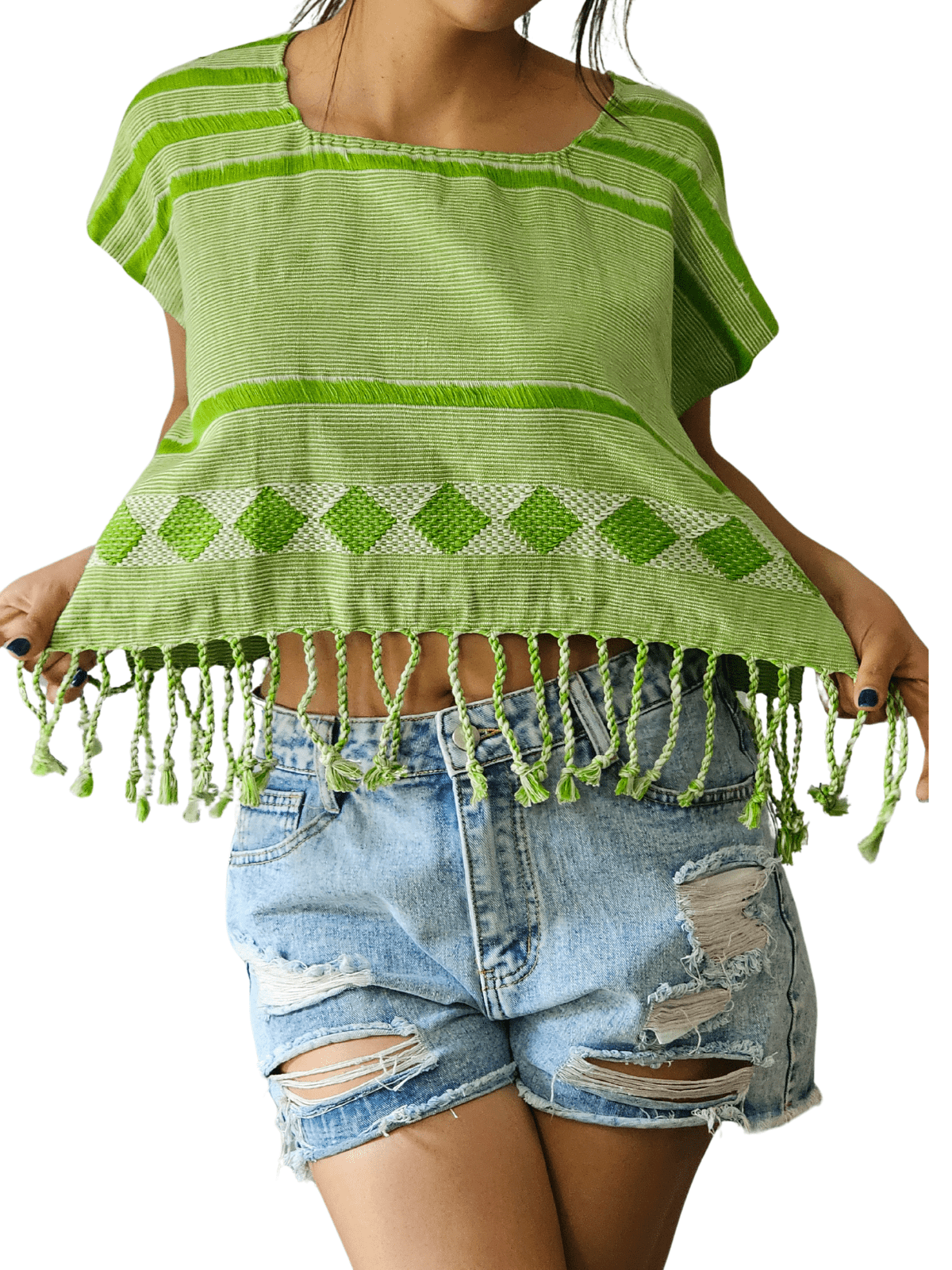 Authentic Handwoven Backstrap Loom Top with Brocade β Artisan - Made Blouse Lime Green Lines - Tenku Designs