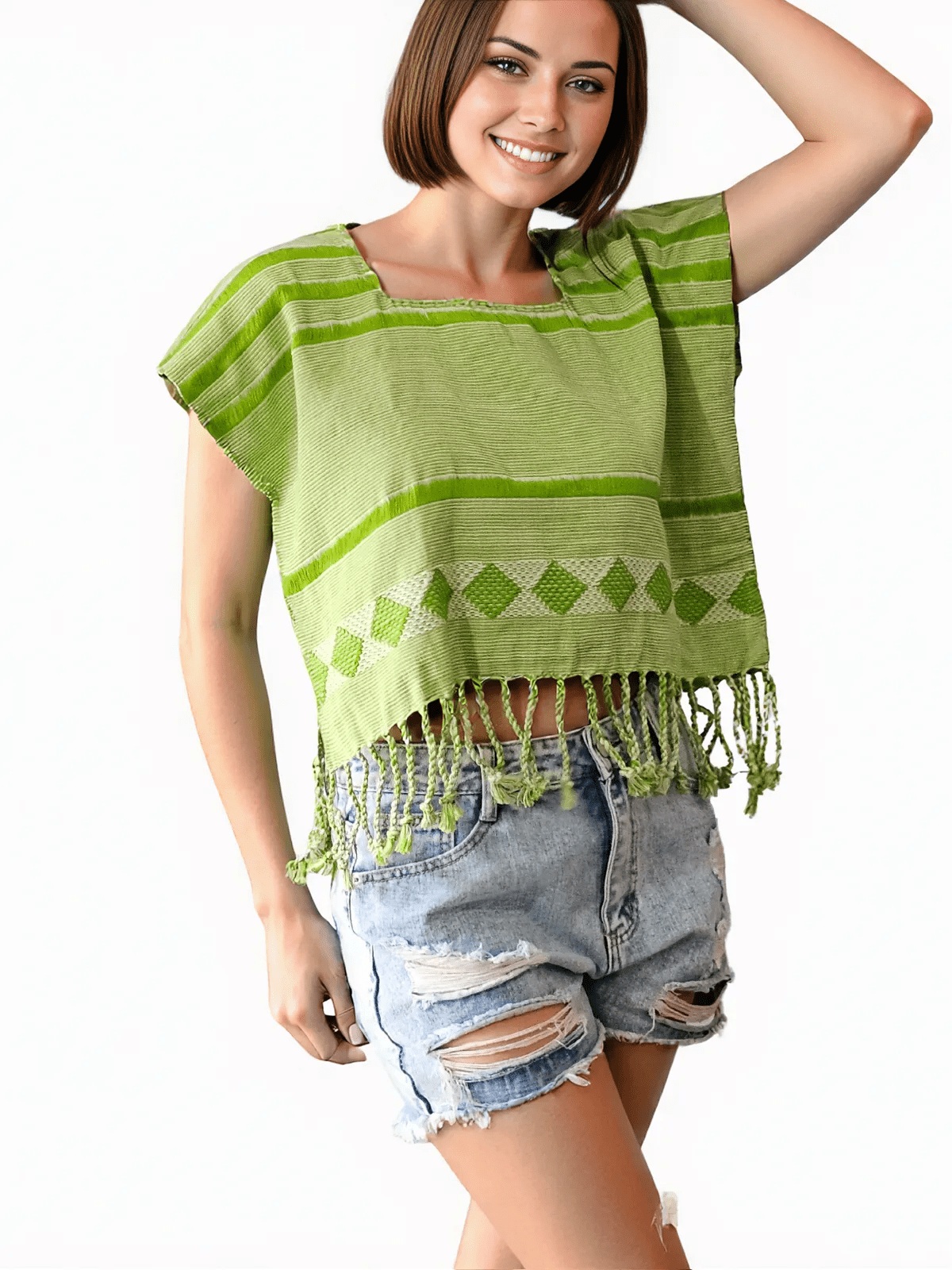 Authentic Handwoven Backstrap Loom Top with Brocade β Artisan - Made Blouse Lime Green Lines - Tenku Designs