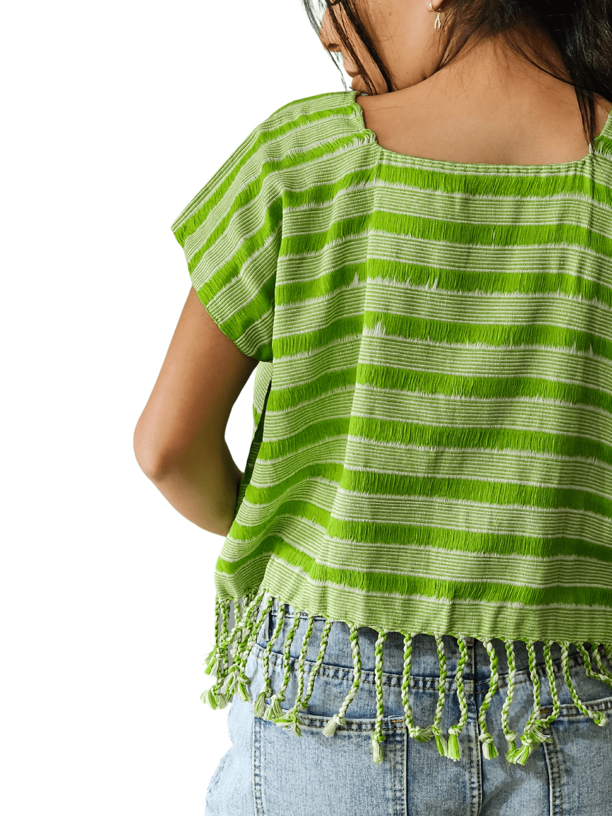 Authentic Handwoven Backstrap Loom Top with Brocade β Artisan - Made Blouse Lime Green Lines - Tenku Designs