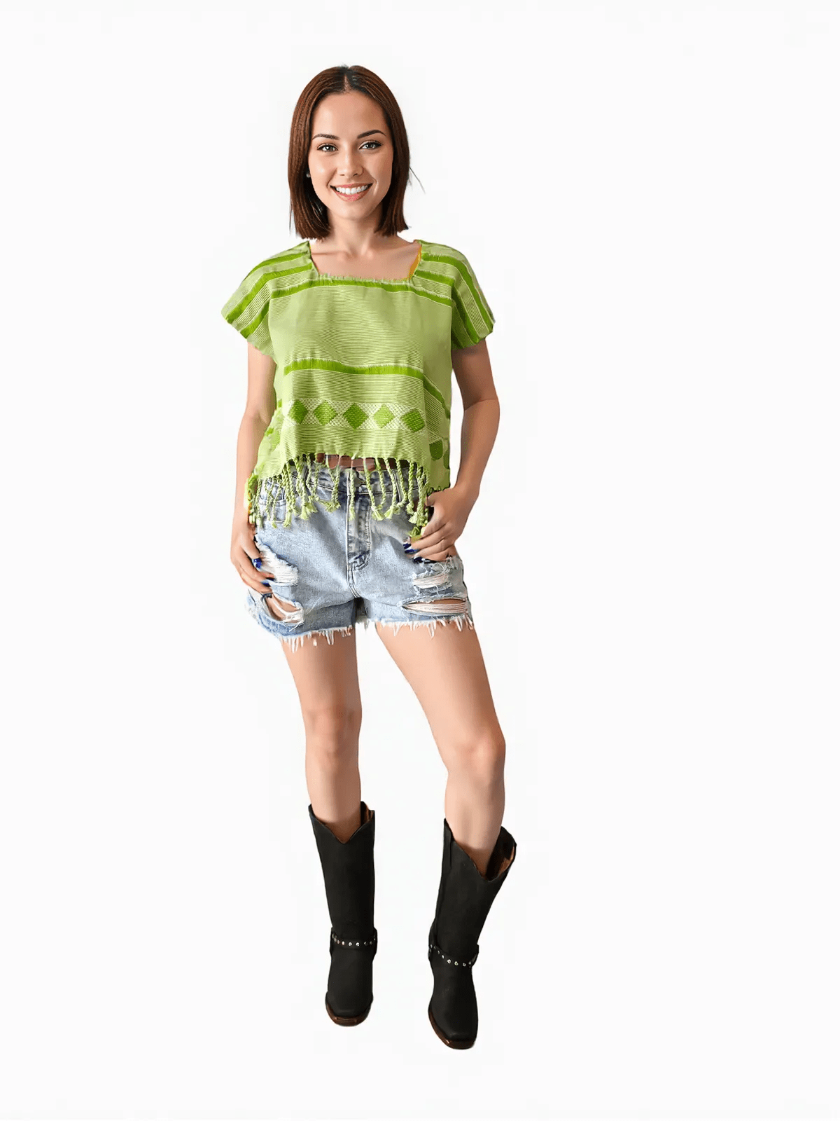 Authentic Handwoven Backstrap Loom Top with Brocade β Artisan - Made Blouse Lime Green Lines - Tenku Designs