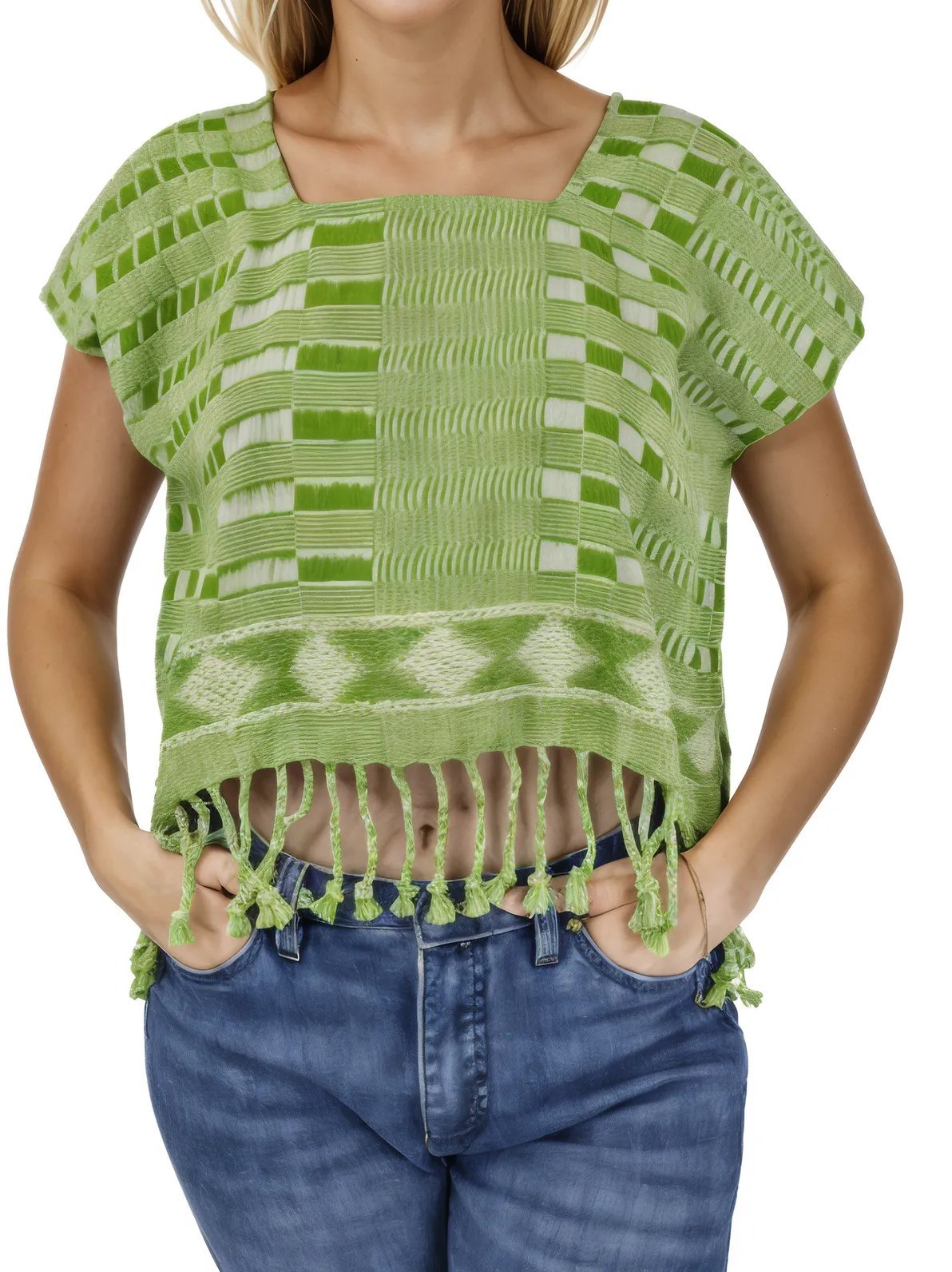 Authentic Handwoven Backstrap Loom Top with Brocade β Artisan - Made Blouse Lime Green Squares - Tenku Designs