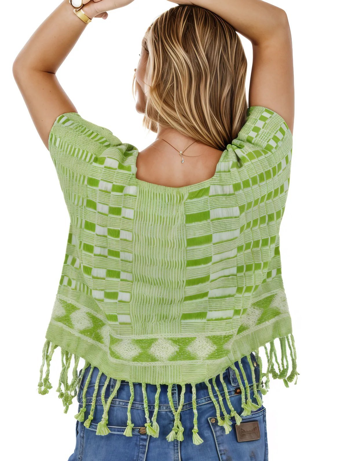 Authentic Handwoven Backstrap Loom Top with Brocade β Artisan - Made Blouse Lime Green Squares - Tenku Designs