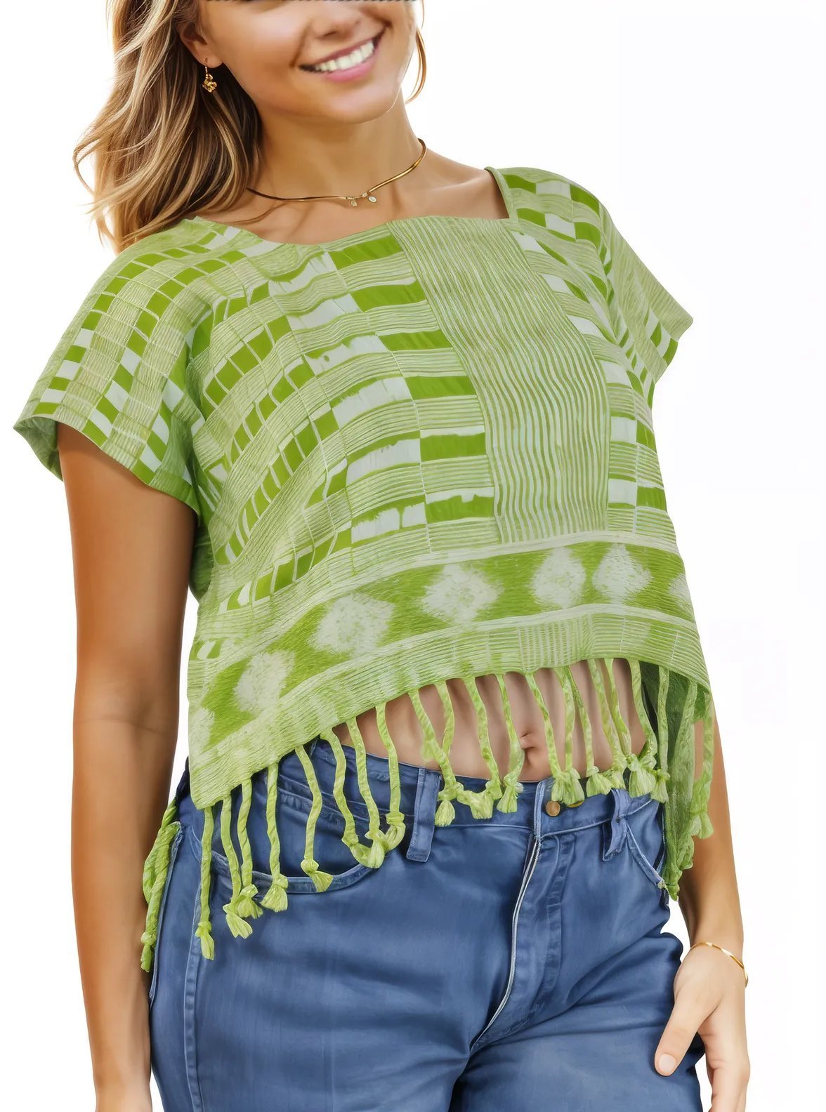 Authentic Handwoven Backstrap Loom Top with Brocade β Artisan - Made Blouse Lime Green Squares - Tenku Designs