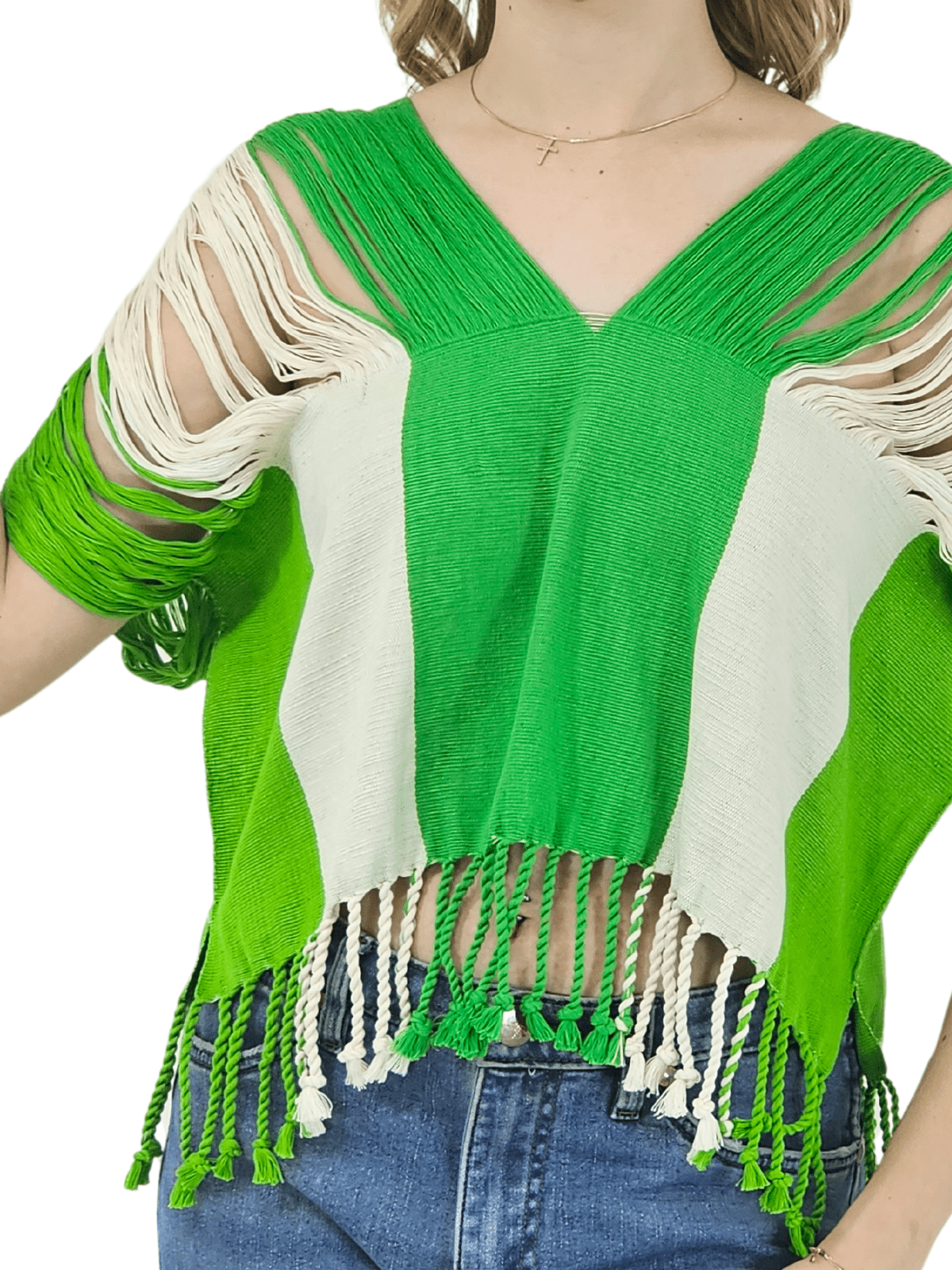 Authentic Handwoven Backstrap Loom Top with Brocade β Artisan - Made Blouse Lime Green Stripes - Tenku Designs