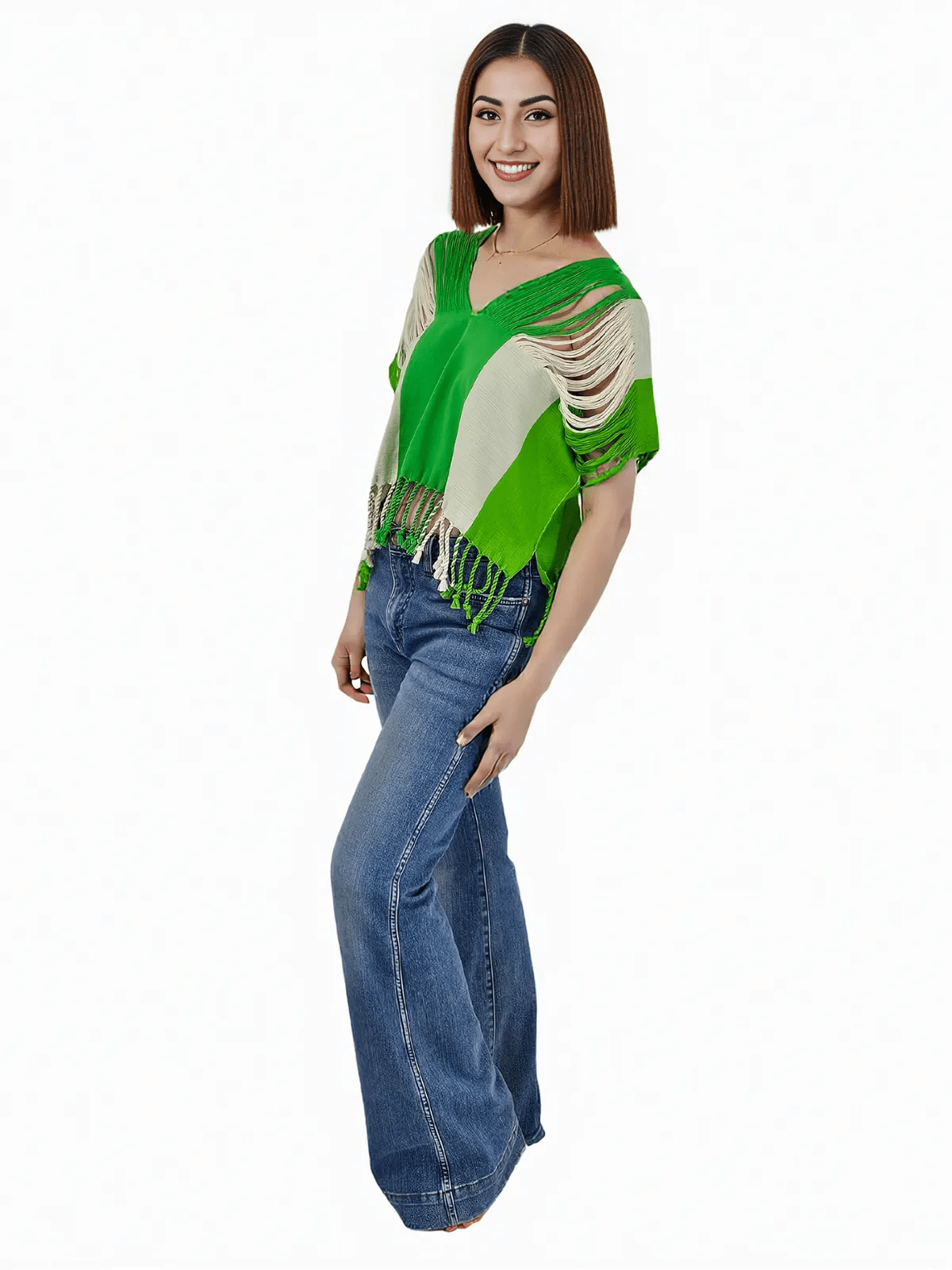 Authentic Handwoven Backstrap Loom Top with Brocade β Artisan - Made Blouse Lime Green Stripes - Tenku Designs