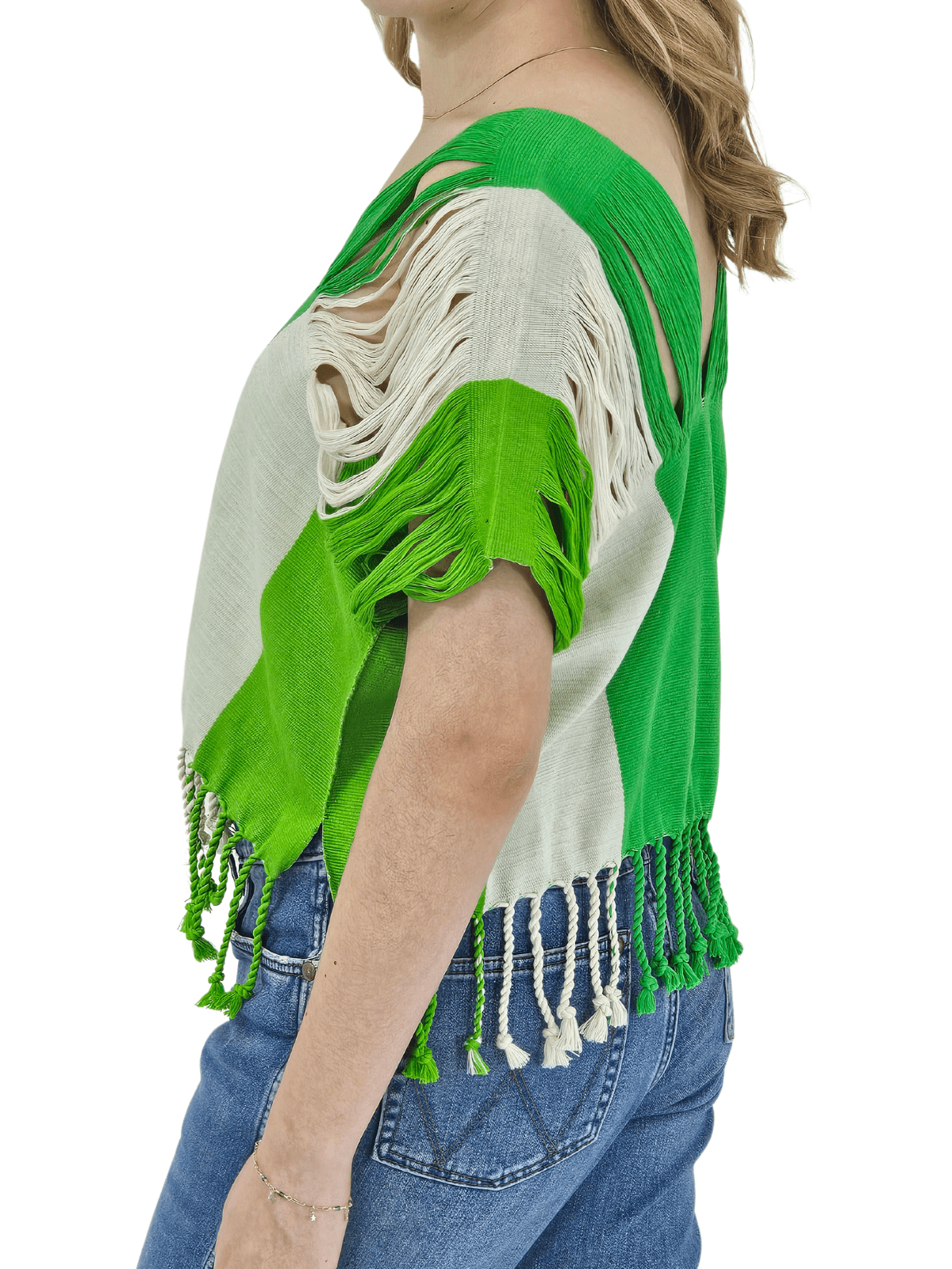 Authentic Handwoven Backstrap Loom Top with Brocade β Artisan - Made Blouse Lime Green Stripes - Tenku Designs