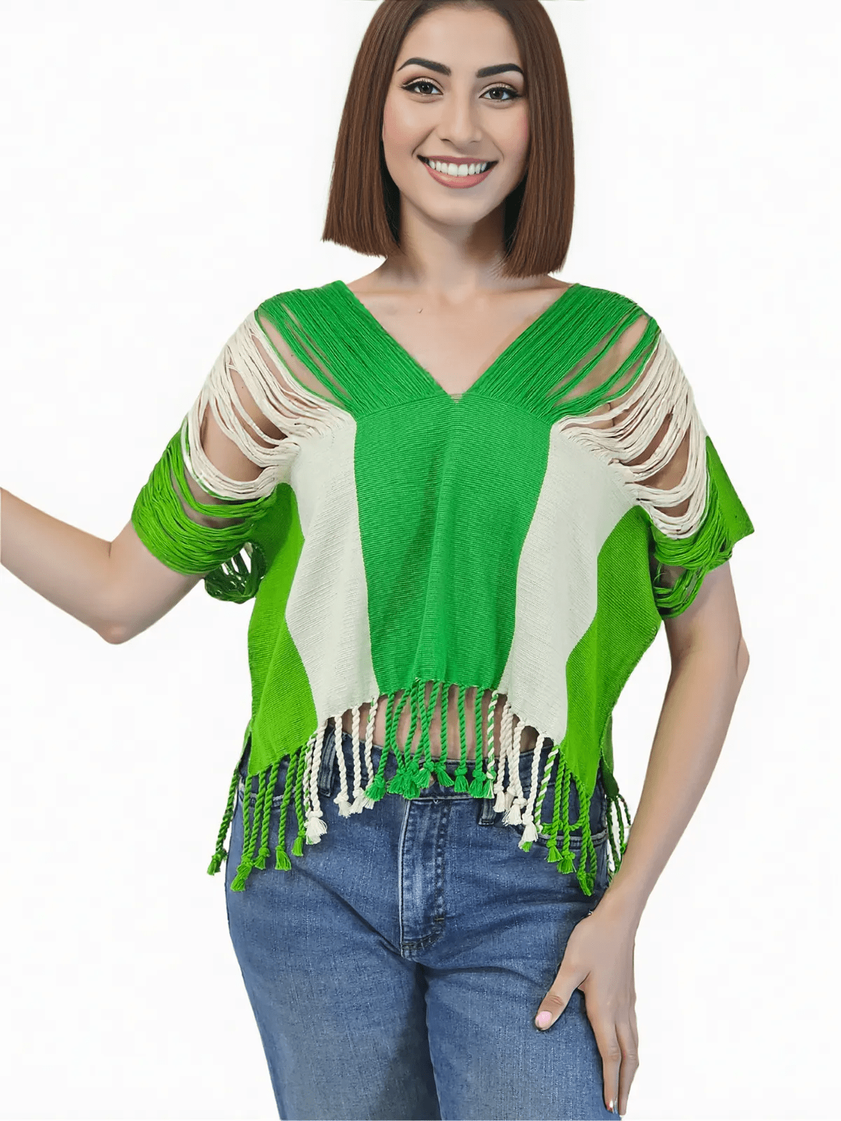 Authentic Handwoven Backstrap Loom Top with Brocade β Artisan - Made Blouse Lime Green Stripes - Tenku Designs