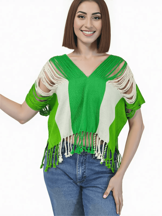 Authentic Handwoven Backstrap Loom Top with Brocade – Artisan - Made Blouse Lime Green Stripes - Tenku Designs