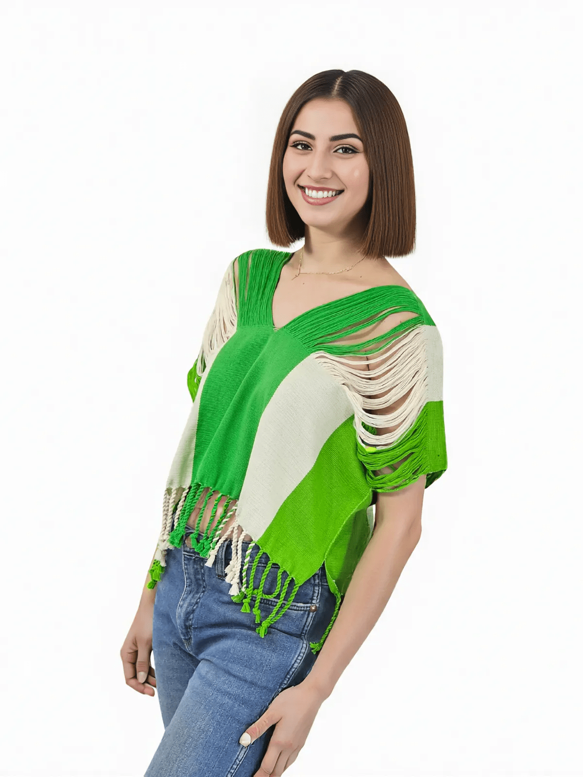 Authentic Handwoven Backstrap Loom Top with Brocade β Artisan - Made Blouse Lime Green Stripes - Tenku Designs