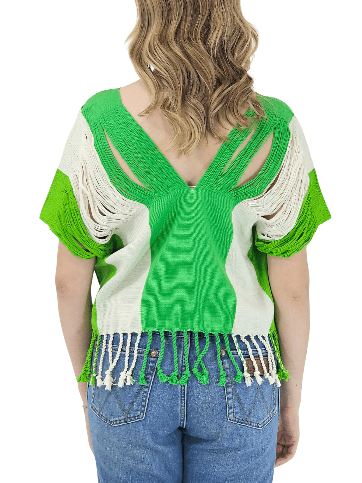 Authentic Handwoven Backstrap Loom Top with Brocade β Artisan - Made Blouse Lime Green Stripes - Tenku Designs