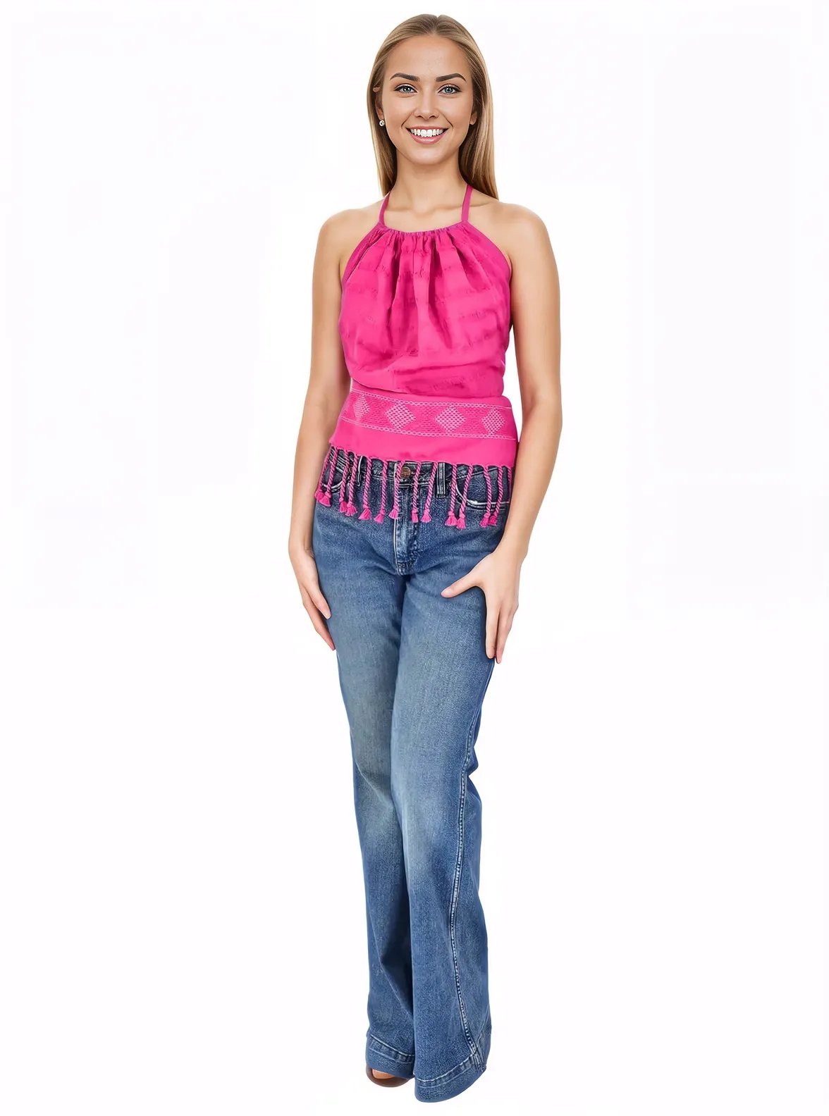 Backstrap Loom Backless Halter Top – Handwoven with Raw Natural Thread | Sustainable Fashion Hot Pink - Tenku Designs