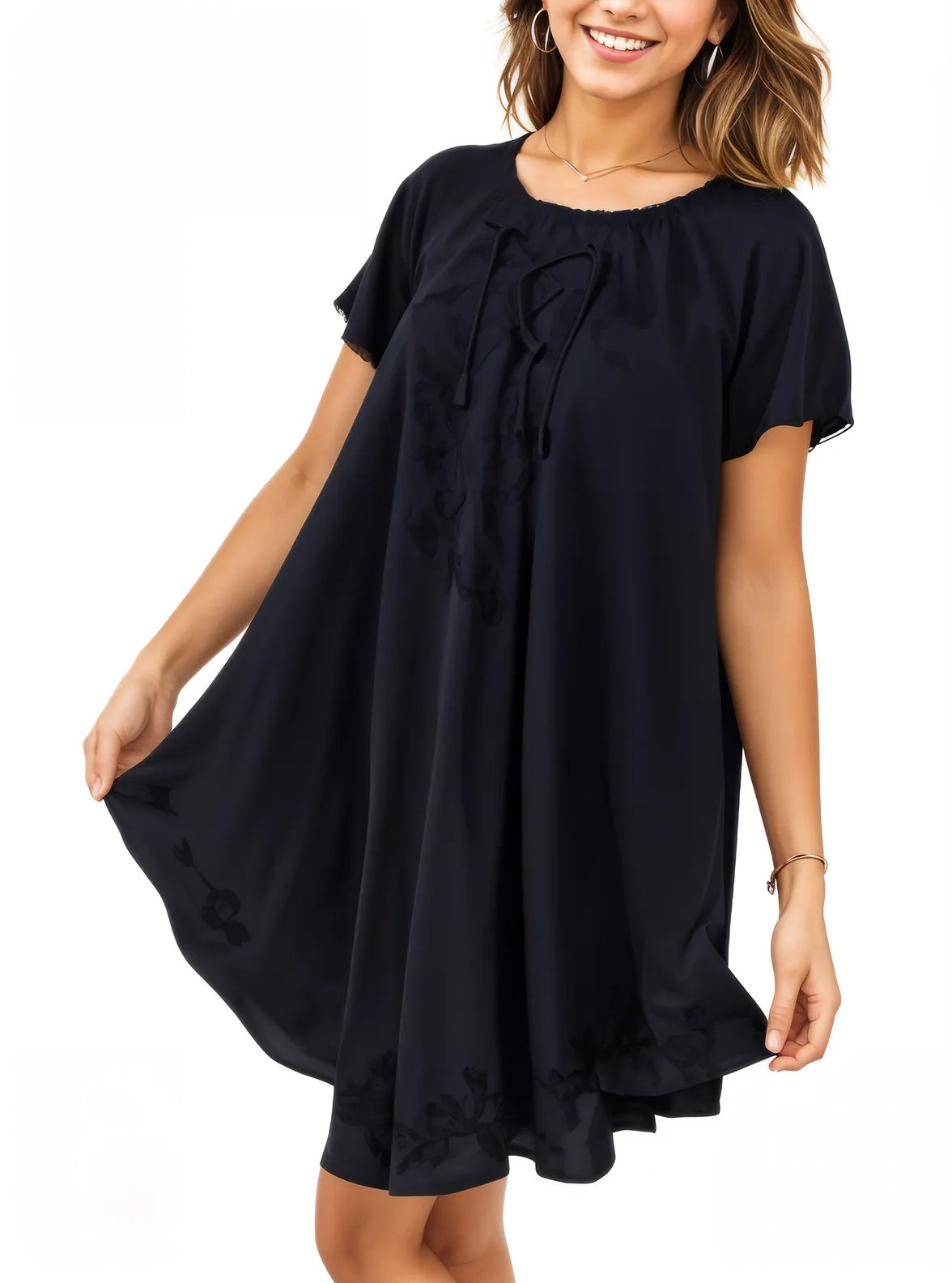 Black Boho Flowy Cotton Dress – Embroidered Short Sleeve | Tenku Designs - Tenku Designs