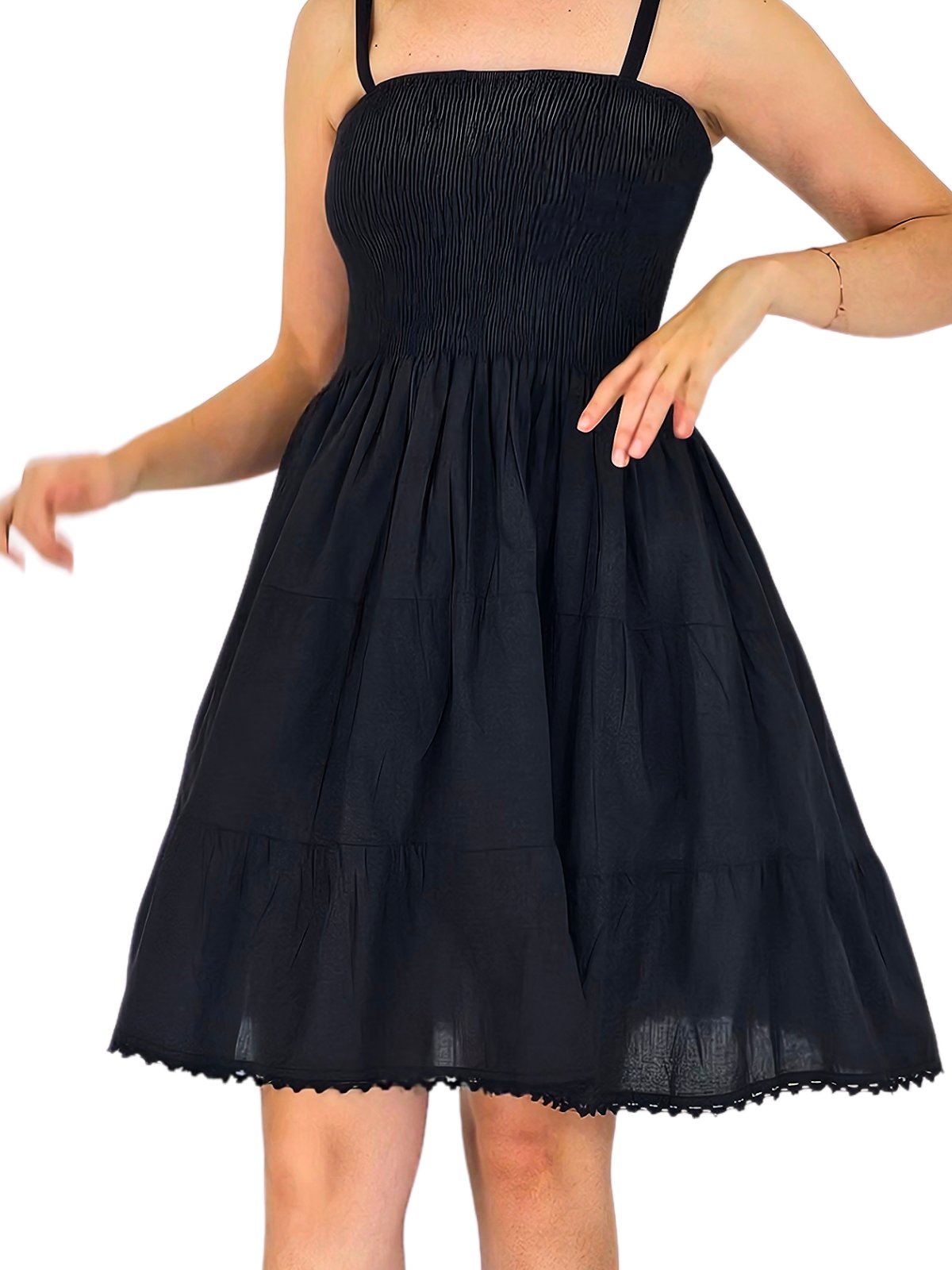 Black Cotton Spaghetti Strap Dress – Smocked Fit | Tenku Designs - Tenku Designs