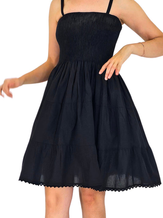 Black Cotton Spaghetti Strap Dress – Smocked Fit | Tenku Designs - Tenku Designs