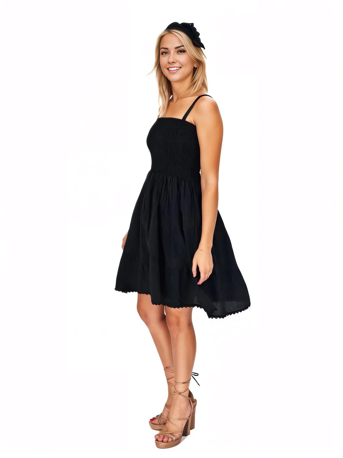 Black Cotton Spaghetti Strap Dress – Smocked Fit | Tenku Designs - Tenku Designs