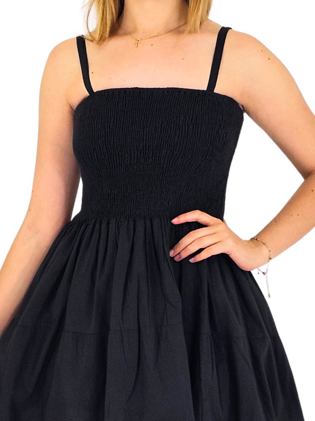 Black Cotton Spaghetti Strap Dress – Smocked Fit | Tenku Designs - Tenku Designs