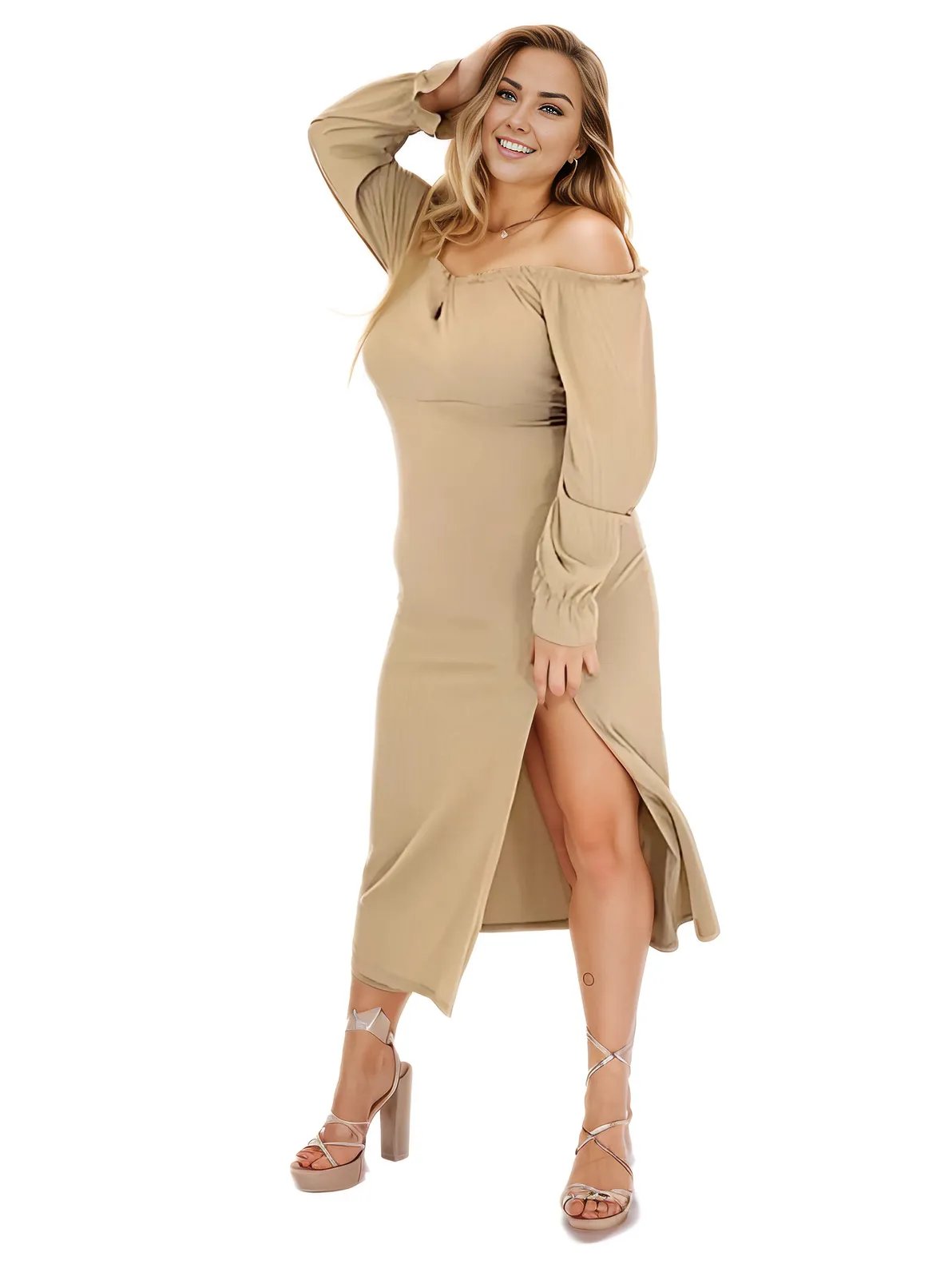 Boho Off - Shoulder Bodycon Dress with Side Slit – Ribbed Stretch Fabric Beige - Tenku Designs