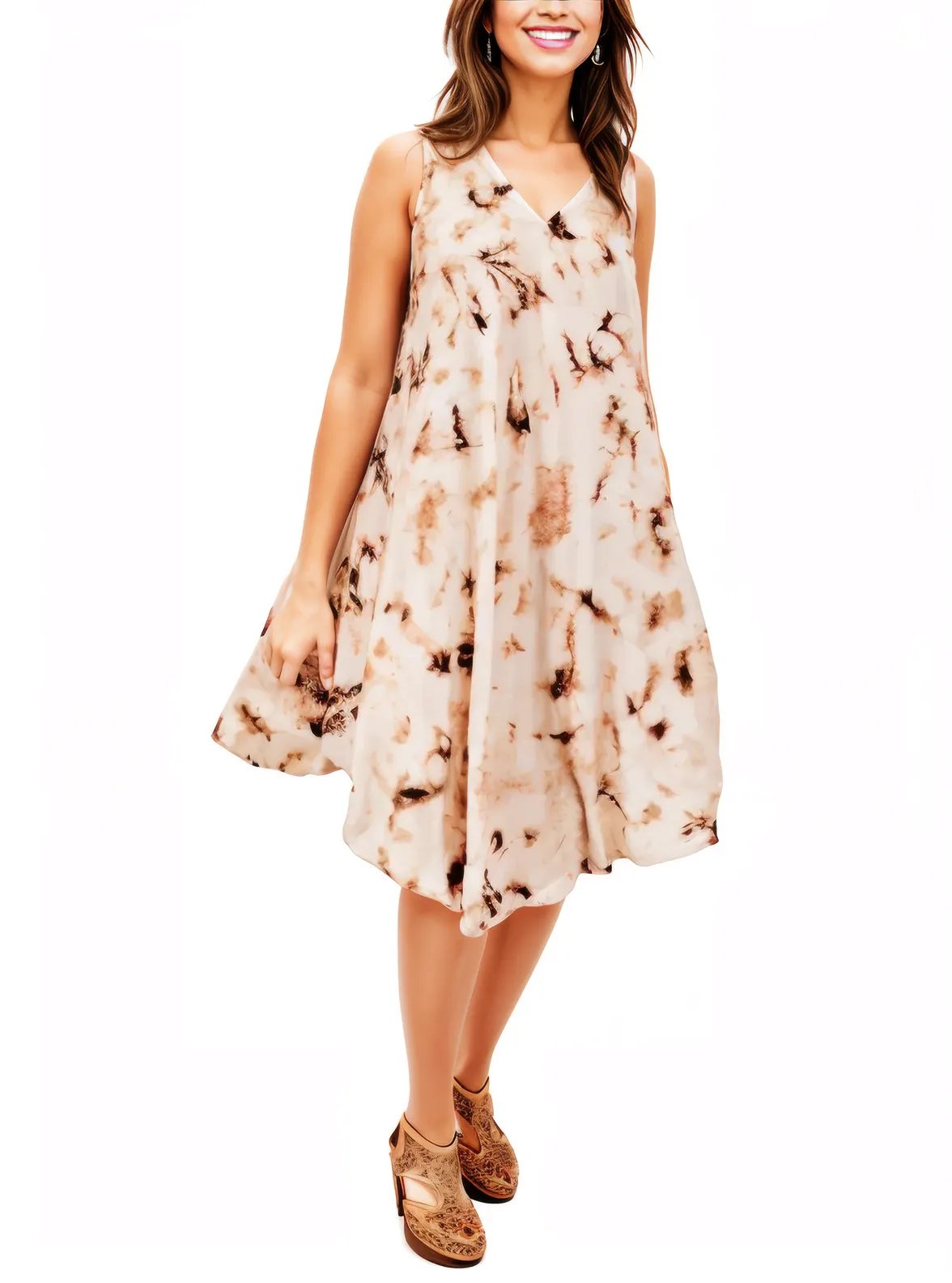 Brown Spots Tie - Dye Sleeveless Boho Dress – Lightweight & Embroidered | Tenku Designs - Tenku Designs