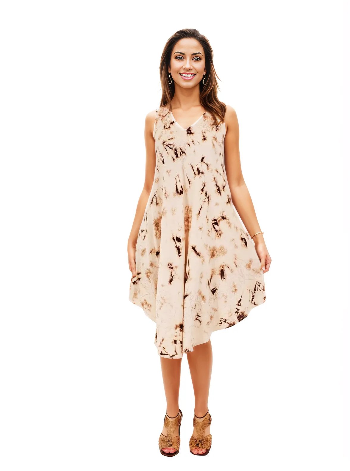 Brown Spots Tie - Dye Sleeveless Boho Dress – Lightweight & Embroidered | Tenku Designs - Tenku Designs