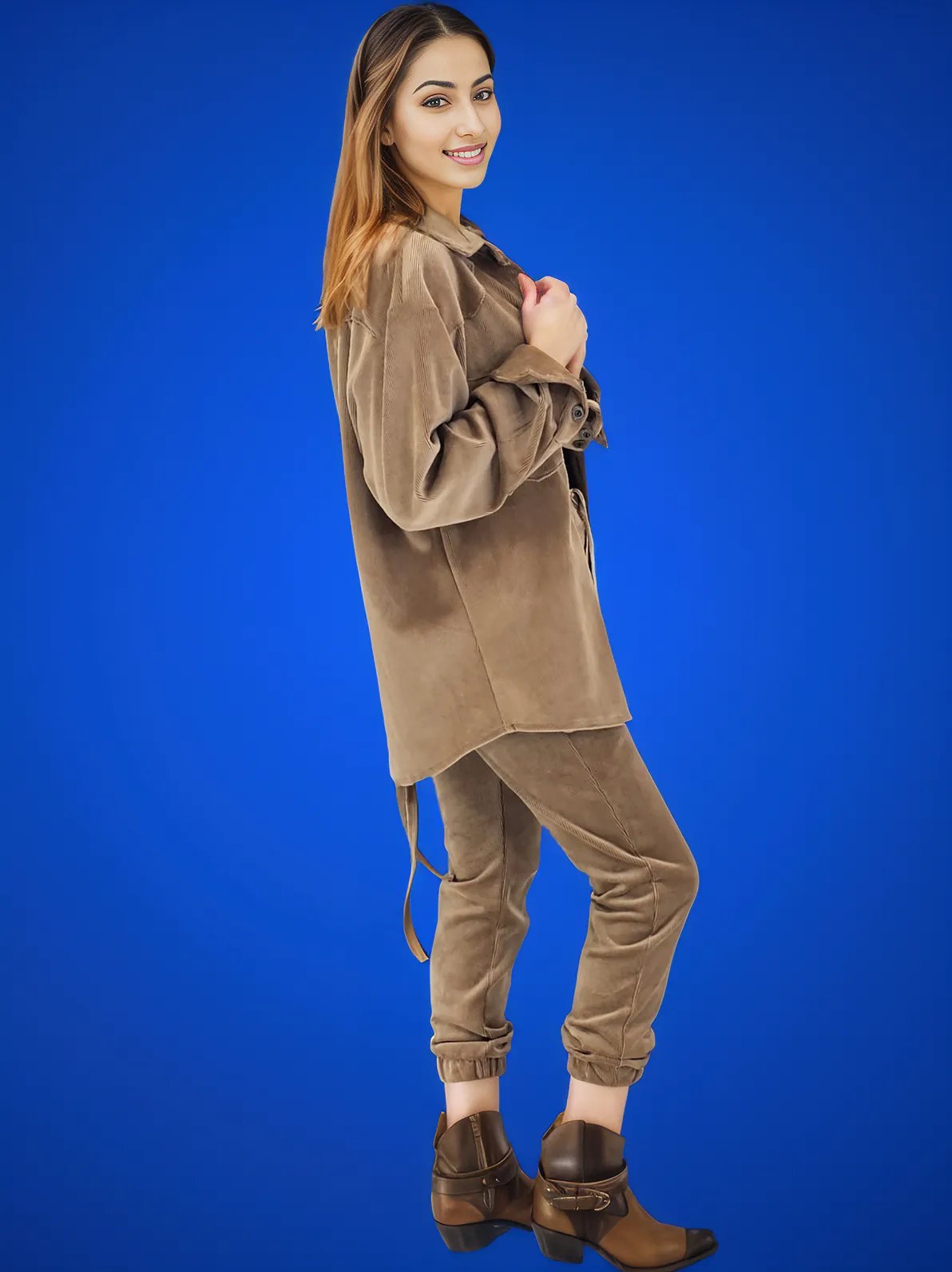 Buttery Soft Corduroy Jogger Pants with Adjustable Waistband & Gold Accents Khaki - Tenku Designs