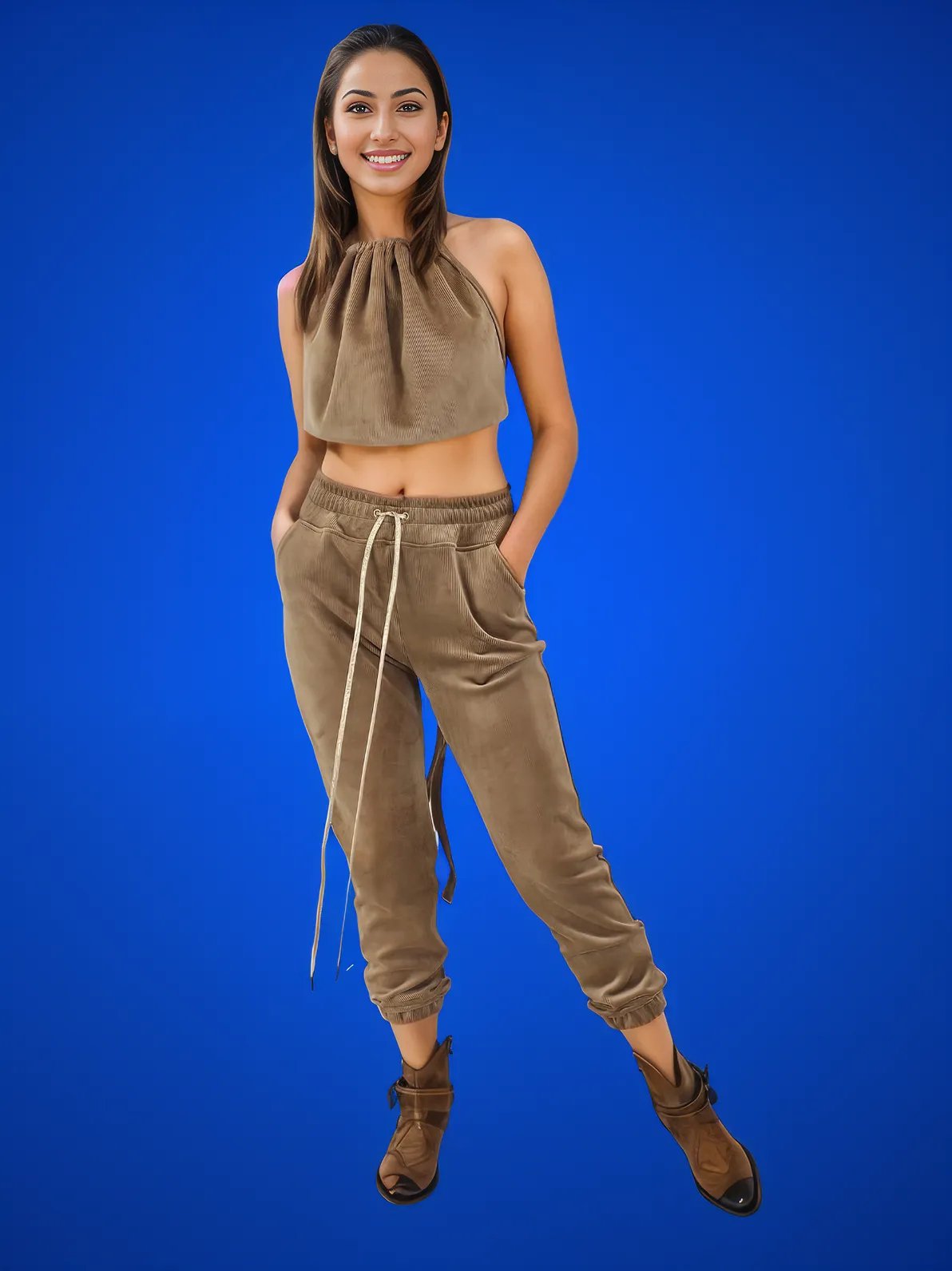 Buttery Soft Corduroy Jogger Pants with Adjustable Waistband & Gold Accents Khaki - Tenku Designs