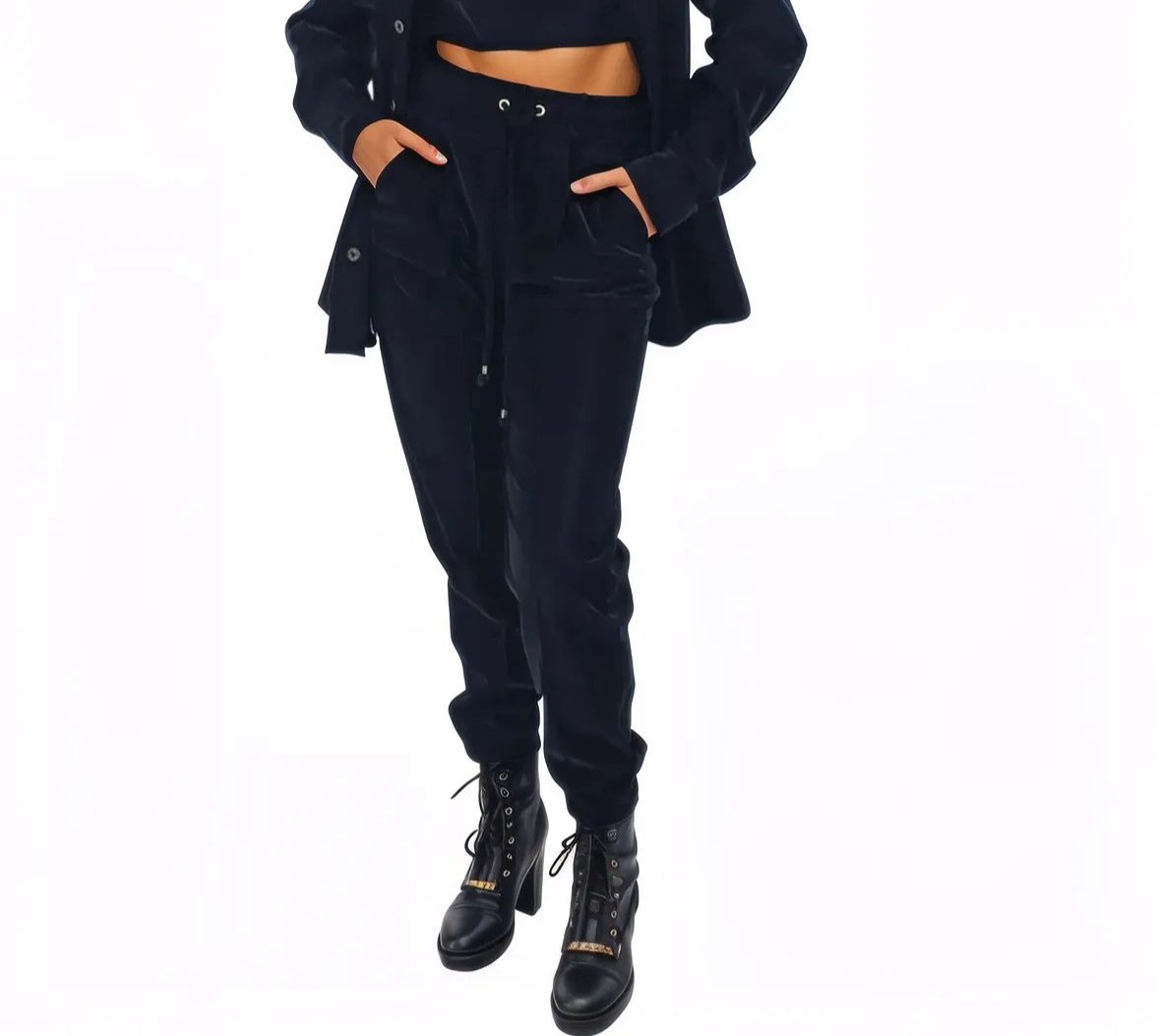 Buttery Soft Velvet Jogger Pants with Adjustable Waistband Black - Tenku Designs