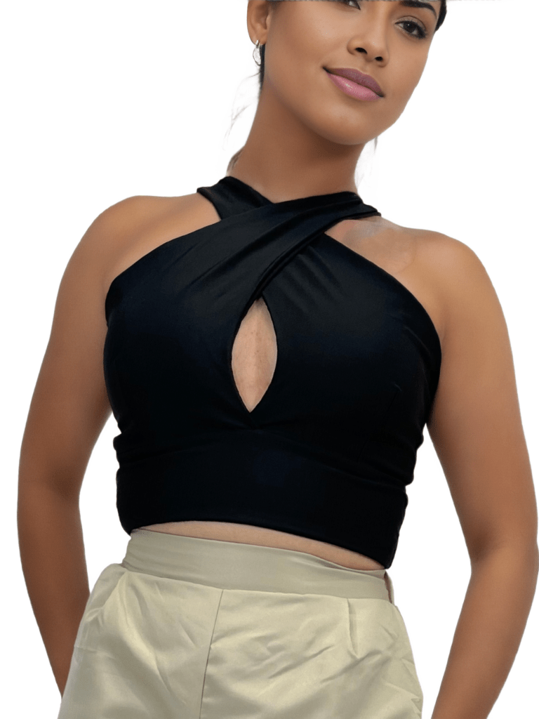 Criss Cross Neck Crop Top – Sexy Halter Tank Top with Keyhole Cutout & Full Back Coverage Black - Tenku Designs