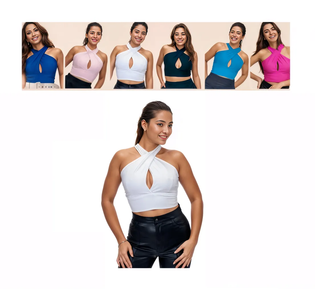 Criss Cross Neck Crop Top – Sexy Halter Tank Top with Keyhole Cutout & Full Back Coverage Black - Tenku Designs