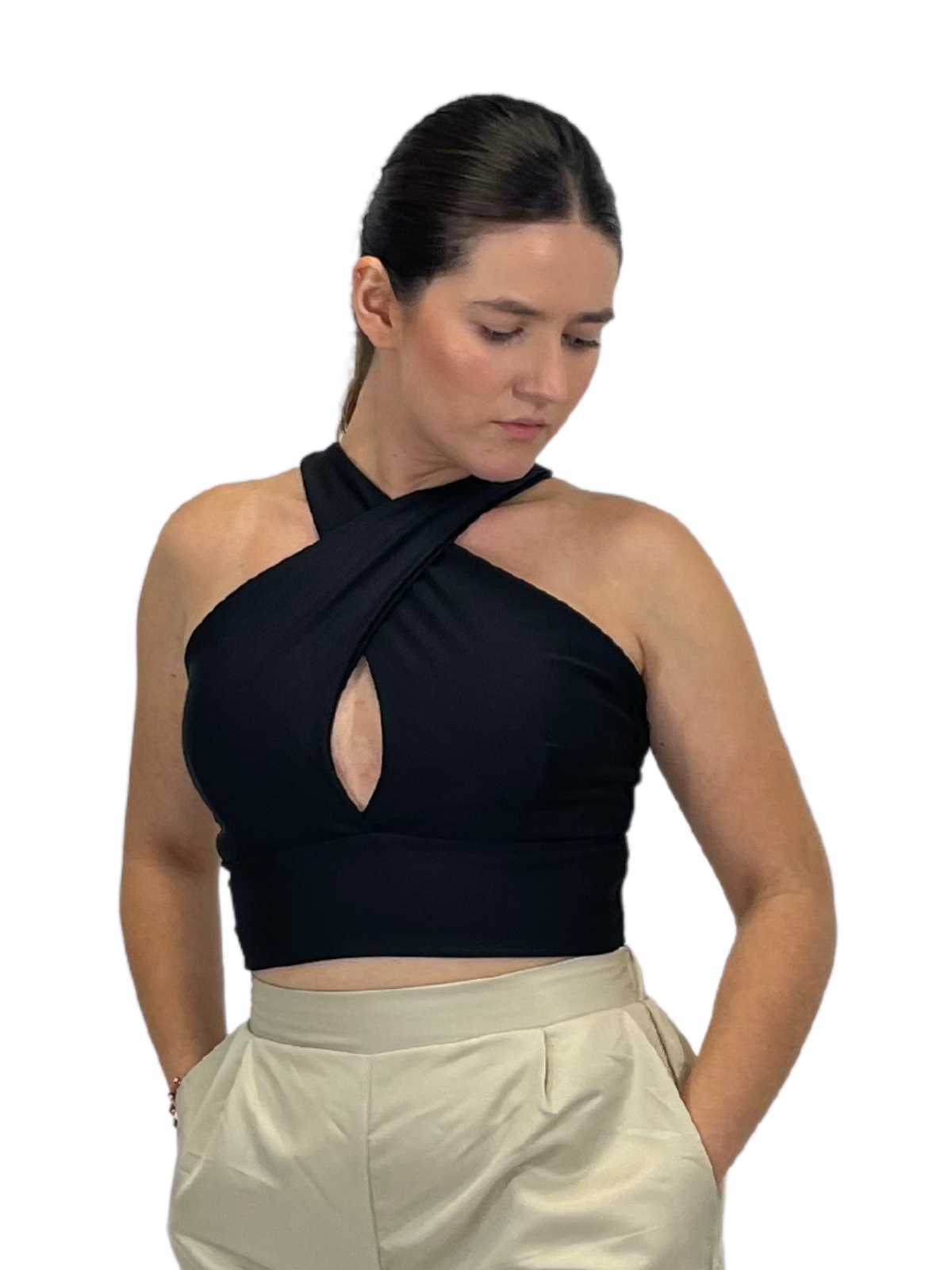 Criss Cross Neck Crop Top – Sexy Halter Tank Top with Keyhole Cutout & Full Back Coverage Black - Tenku Designs